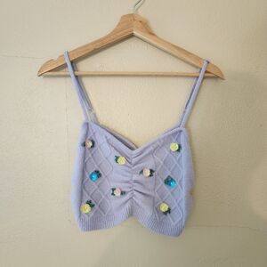 For Love and Lemons Sutton Purple Knit Floral Beaded Crop Tank Top Small